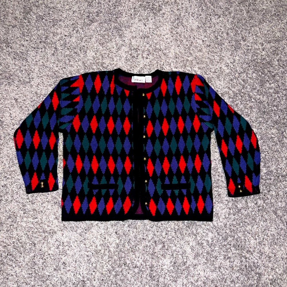 Vintage Worthington Diamond Pattern Jewel Tones Cardigan Sweater Large 12/14